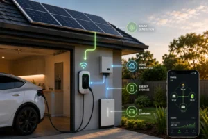 image of smart EV charging system connected to solar panels